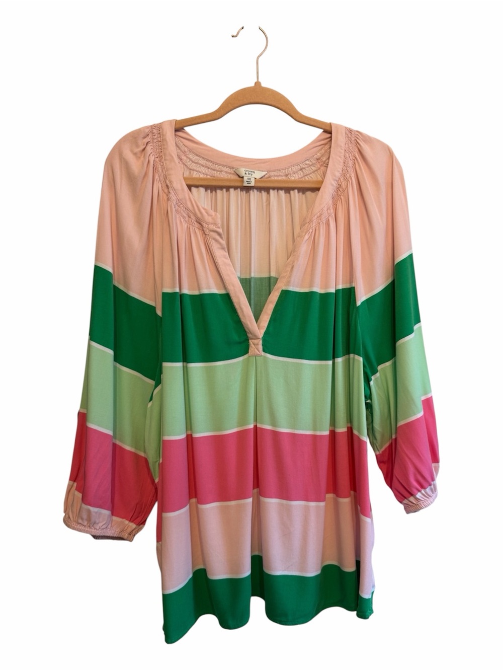 crown & ivy Striped Tunic Top in Pink, Green & Cream